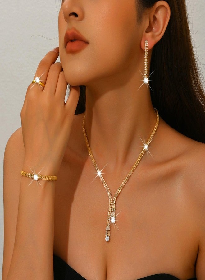IS4U Sparkling Rhinestone Jewelry Set for Women Elegant Crystal Zircon Necklace Ring Earrings Bracelet Bridal Wedding Prom Party Fashion Jewelry (Gold) - Image 5
